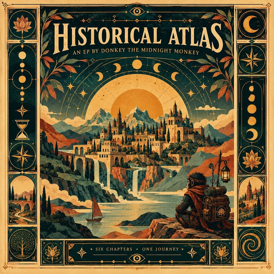 Historical Atlas album cover: a small monkey with a lantern looks out over a city at sunrise, shown in a frame.